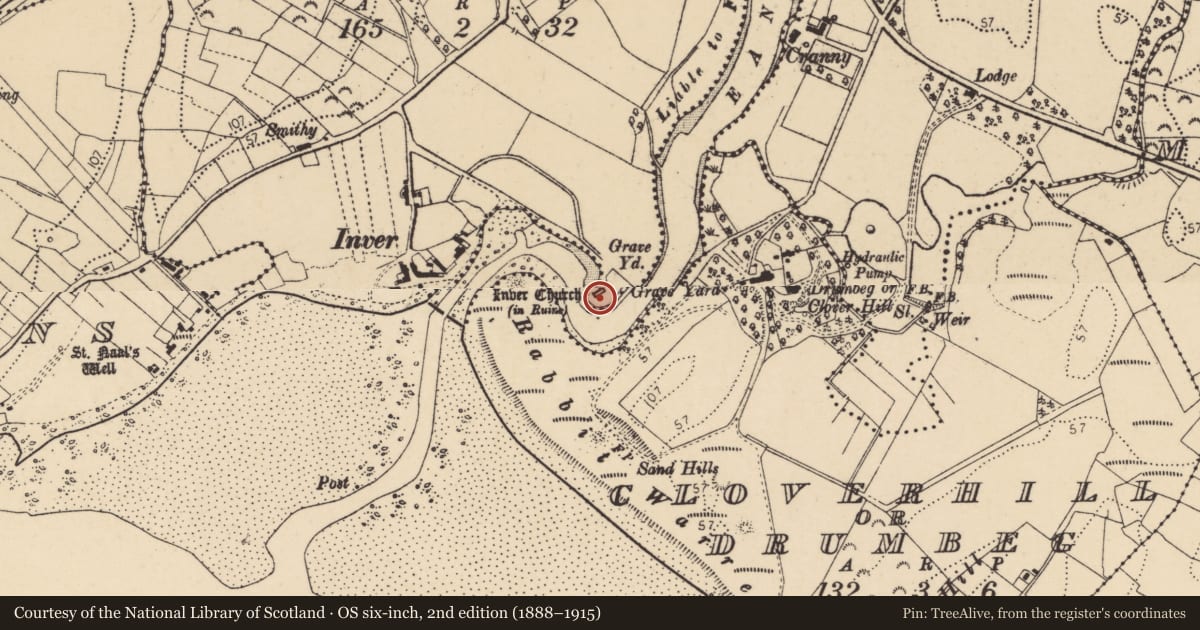 Ordnance Survey six-inch map, 2nd edition (1888–1915) covering the location of Church, Inver Glebe, County Donegal, with a pin at the register's coordinates