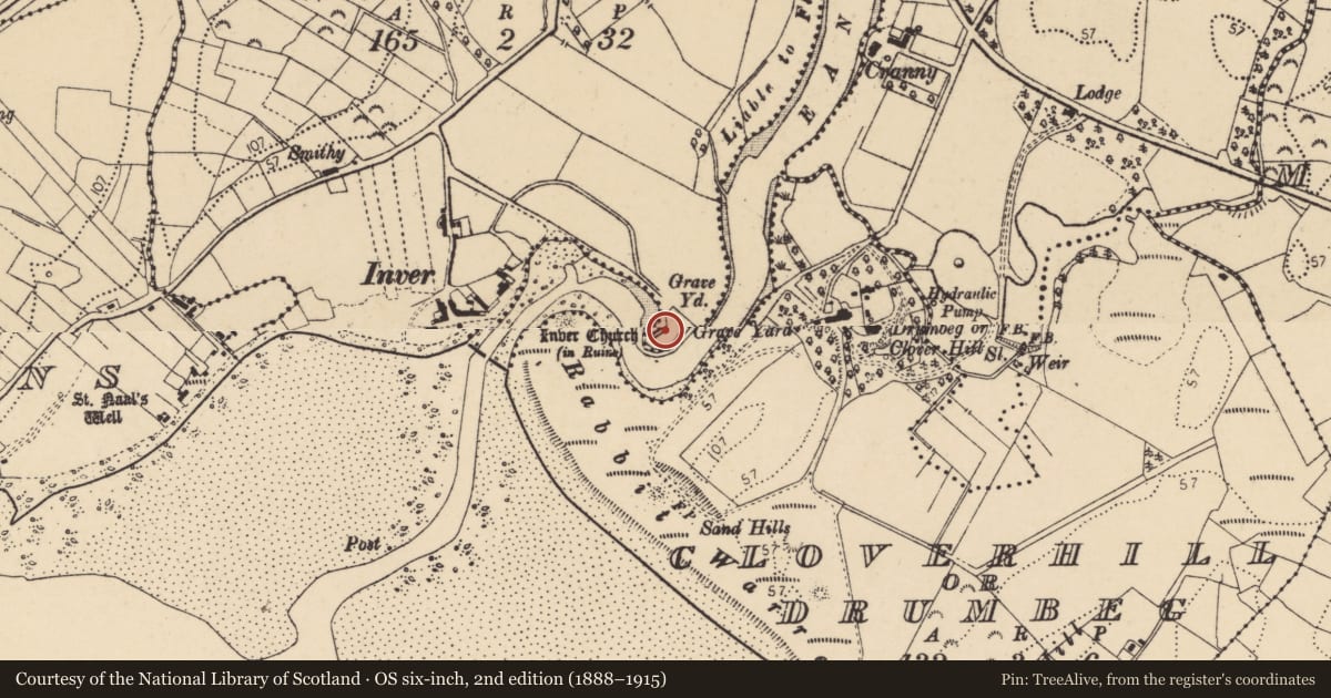 Ordnance Survey six-inch map, 2nd edition (1888–1915) covering the location of Graveyard, Inver Glebe, County Donegal, with a pin at the register's coordinates