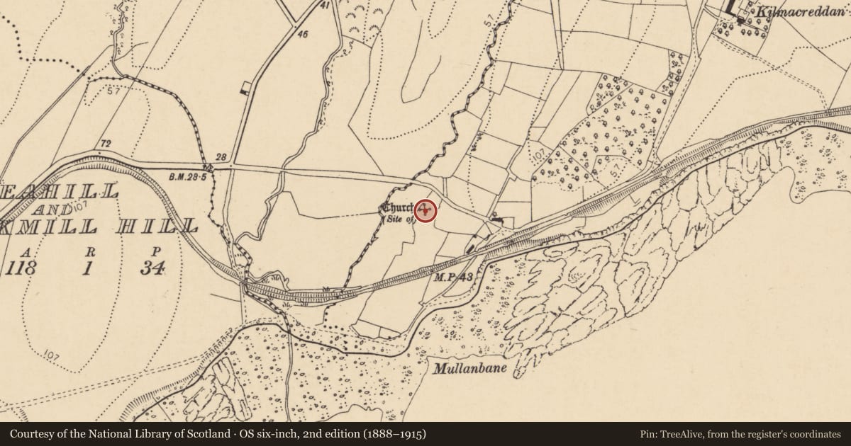 Ordnance Survey six-inch map, 2nd edition (1888–1915) covering the location of Church, Kilmacreddan, County Donegal, with a pin at the register's coordinates