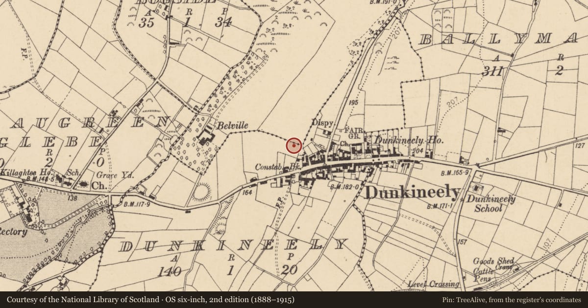 Ordnance Survey six-inch map, 2nd edition (1888–1915) covering the location of Church, Dunkineely, County Donegal, with a pin at the register's coordinates
