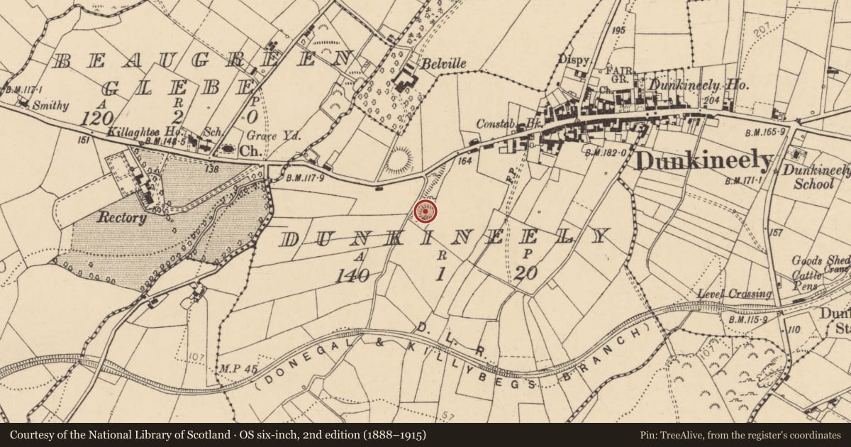 Ordnance Survey six-inch map, 2nd edition (1888–1915) covering the location of Enclosure, Dunkineely, County Donegal, with a pin at the register's coordinates