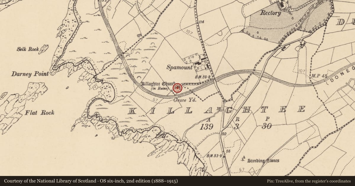 Ordnance Survey six-inch map, 2nd edition (1888–1915) covering the location of Church, Beaugreen Glebe, County Donegal, with a pin at the register's coordinates