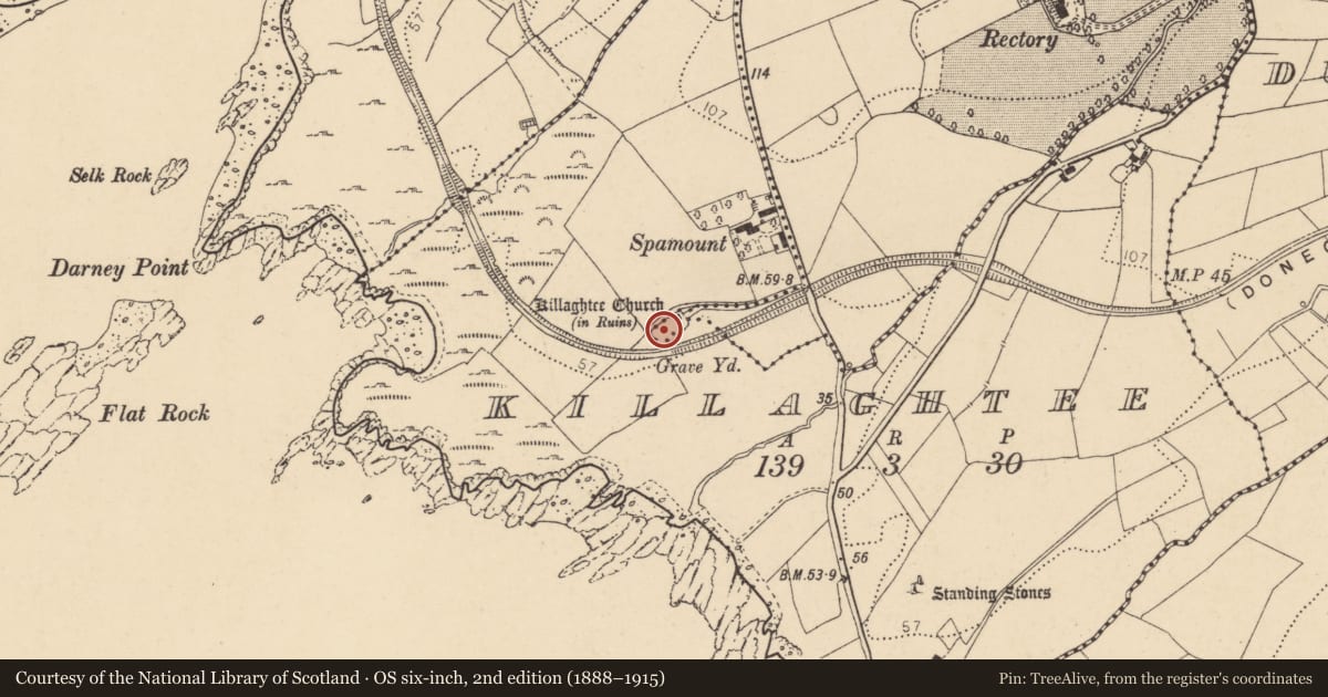 Ordnance Survey six-inch map, 2nd edition (1888–1915) covering the location of Cross-slab, Beaugreen Glebe, County Donegal, with a pin at the register's coordinates