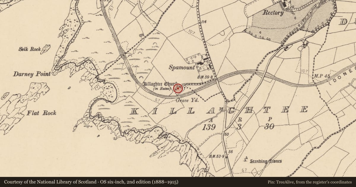 Ordnance Survey six-inch map, 2nd edition (1888–1915) covering the location of Bullaun stone, Beaugreen Glebe, County Donegal, with a pin at the register's coordinates