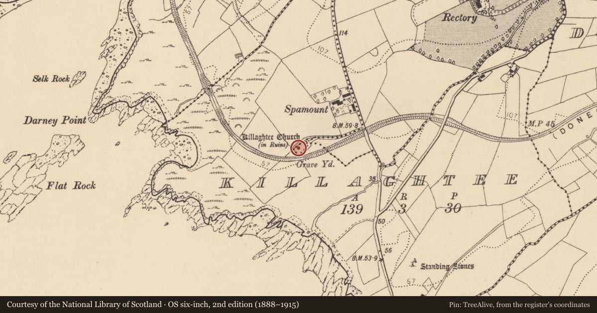 Ordnance Survey six-inch map, 2nd edition (1888–1915) covering the location of Graveyard, Beaugreen Glebe, County Donegal, with a pin at the register's coordinates