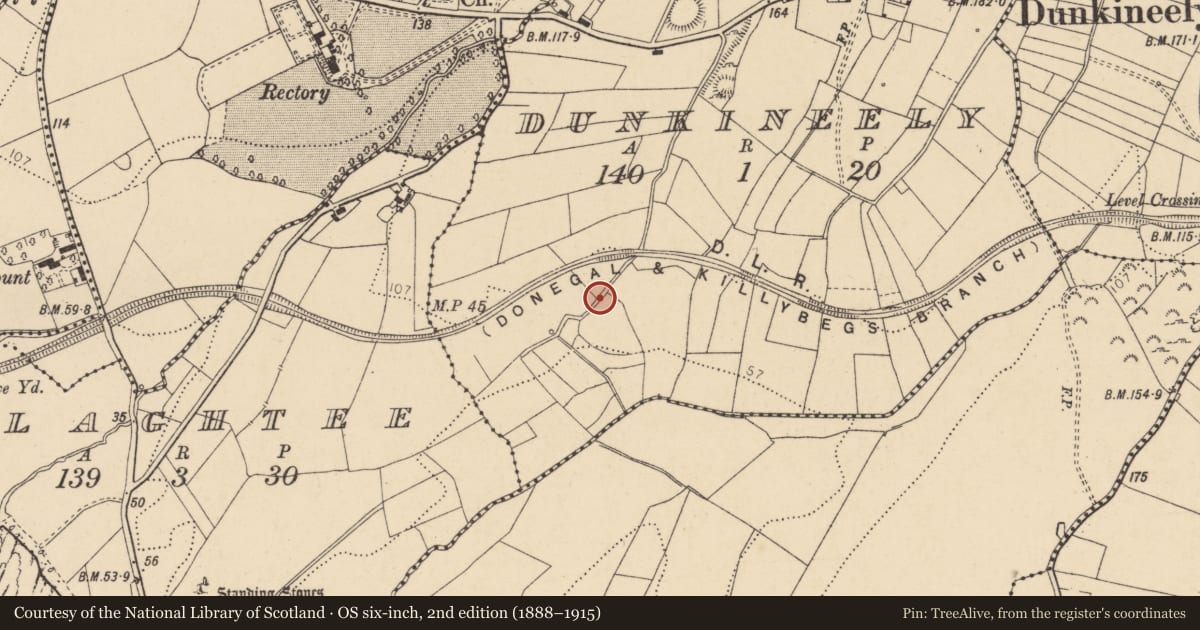 Ordnance Survey six-inch map, 2nd edition (1888–1915) covering the location of Road - road/trackway, Dunkineely, Killaghtee, County Donegal, with a pin at the register's coordinates