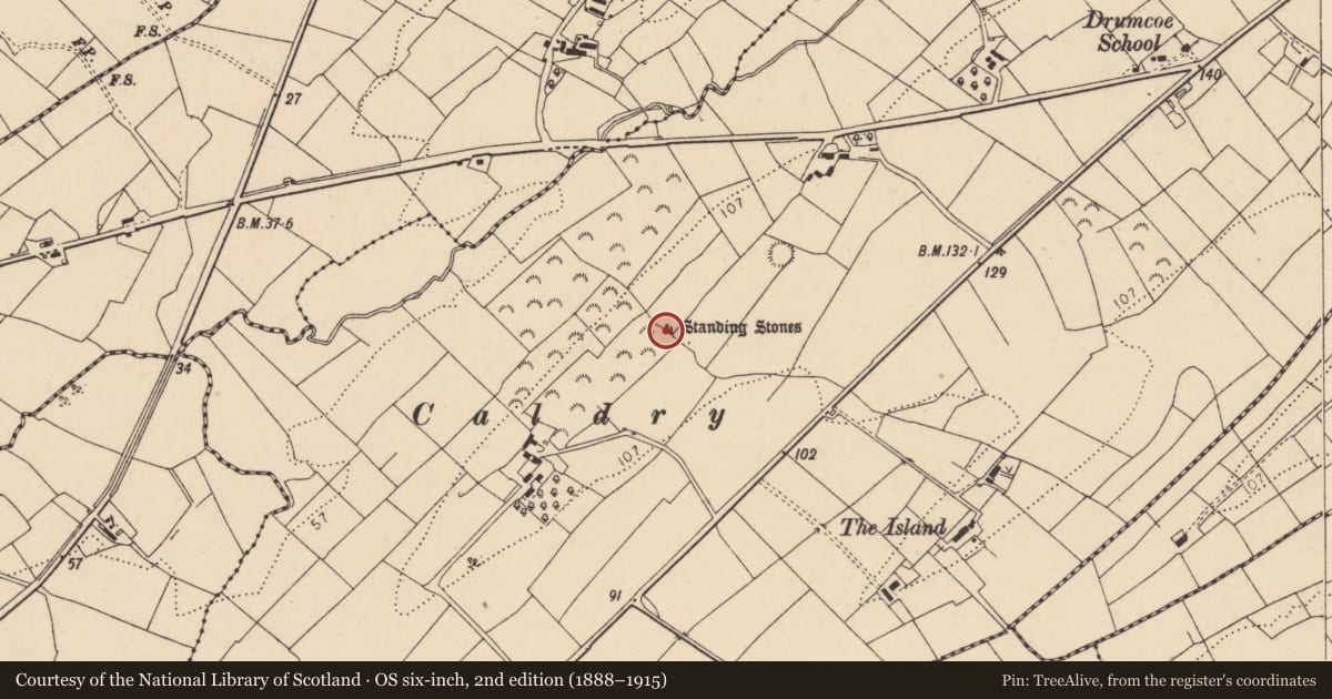 Ordnance Survey six-inch map, 2nd edition (1888–1915) covering the location of Standing stone, Drumcoe, County Donegal, with a pin at the register's coordinates