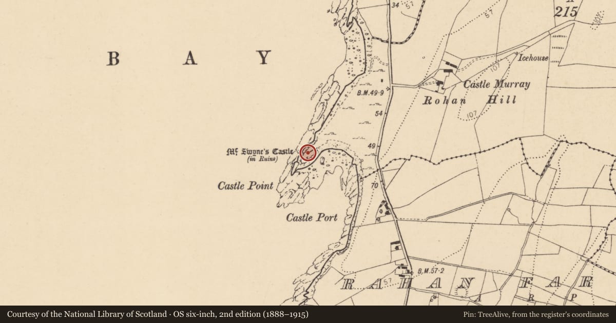 Ordnance Survey six-inch map, 2nd edition (1888–1915) covering the location of Castle - tower house, Rahan Near, County Donegal, with a pin at the register's coordinates
