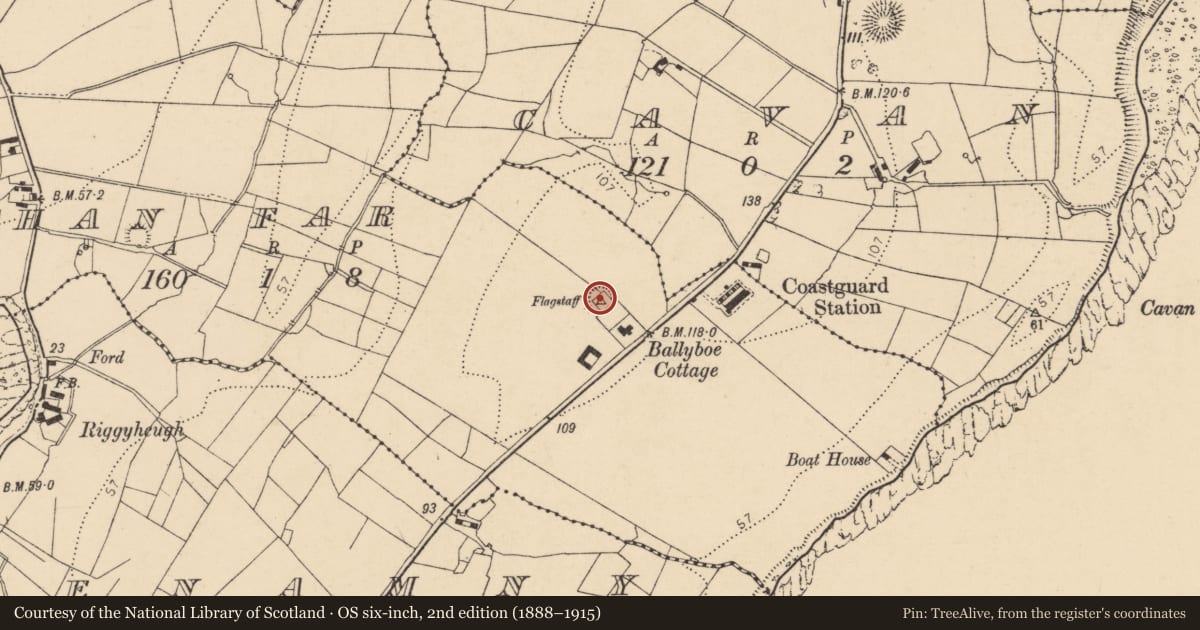 Ordnance Survey six-inch map, 2nd edition (1888–1915) covering the location of Ringfort - rath, Rahan Far, County Donegal, with a pin at the register's coordinates