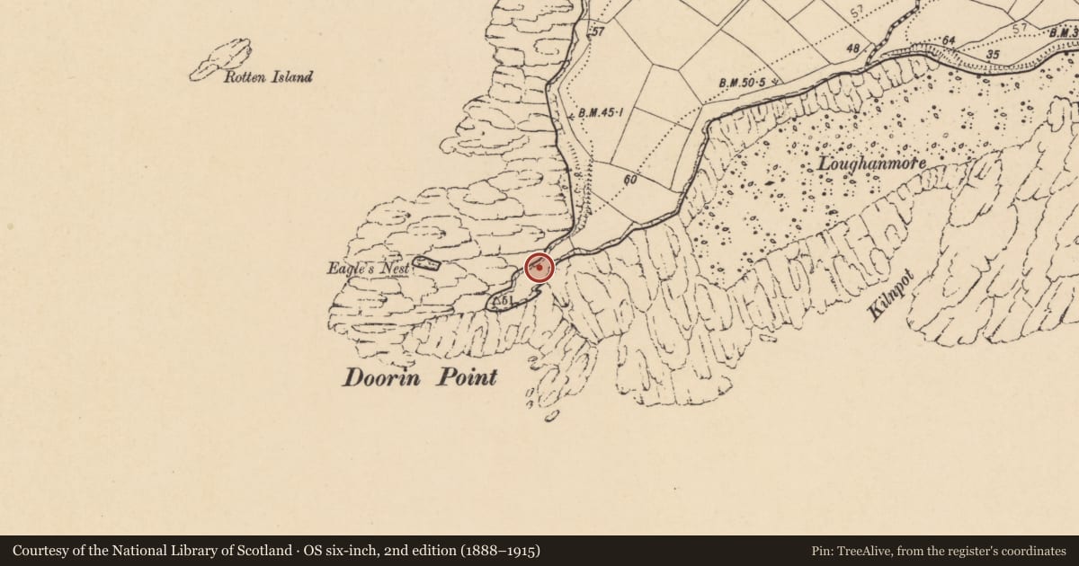 Ordnance Survey six-inch map, 2nd edition (1888–1915) covering the location of Promontory fort - coastal, Raneely, County Donegal, with a pin at the register's coordinates