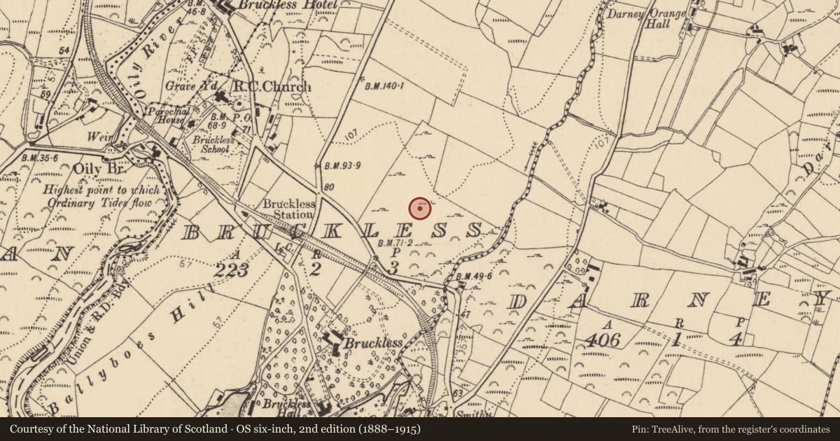 Ordnance Survey six-inch map, 2nd edition (1888–1915) covering the location of Enclosure, Bruckless, County Donegal, with a pin at the register's coordinates