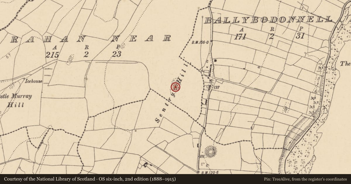 Ordnance Survey six-inch map, 2nd edition (1888–1915) covering the location of Barrow - bowl-barrow, Rahan Near, County Donegal, with a pin at the register's coordinates