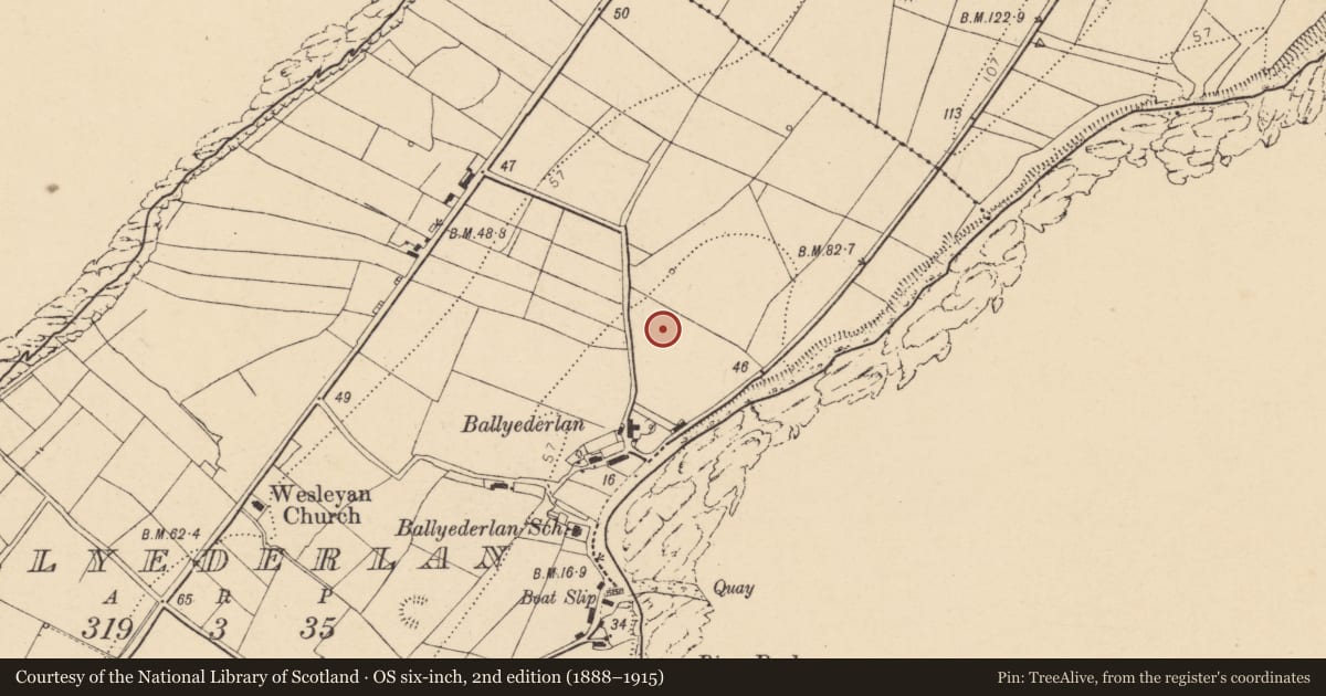 Ordnance Survey six-inch map, 2nd edition (1888–1915) covering the location of Ringfort - rath, Ballyederlan, County Donegal, with a pin at the register's coordinates