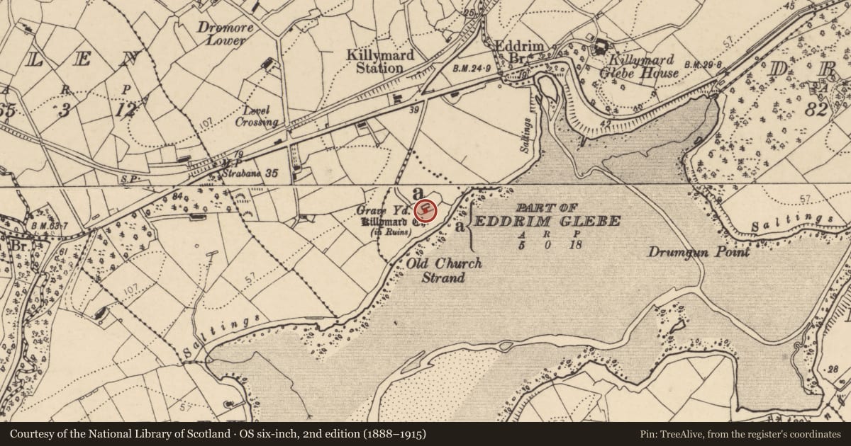 Ordnance Survey six-inch map, 2nd edition (1888–1915) covering the location of Church, Eddrim Glebe, County Donegal, with a pin at the register's coordinates