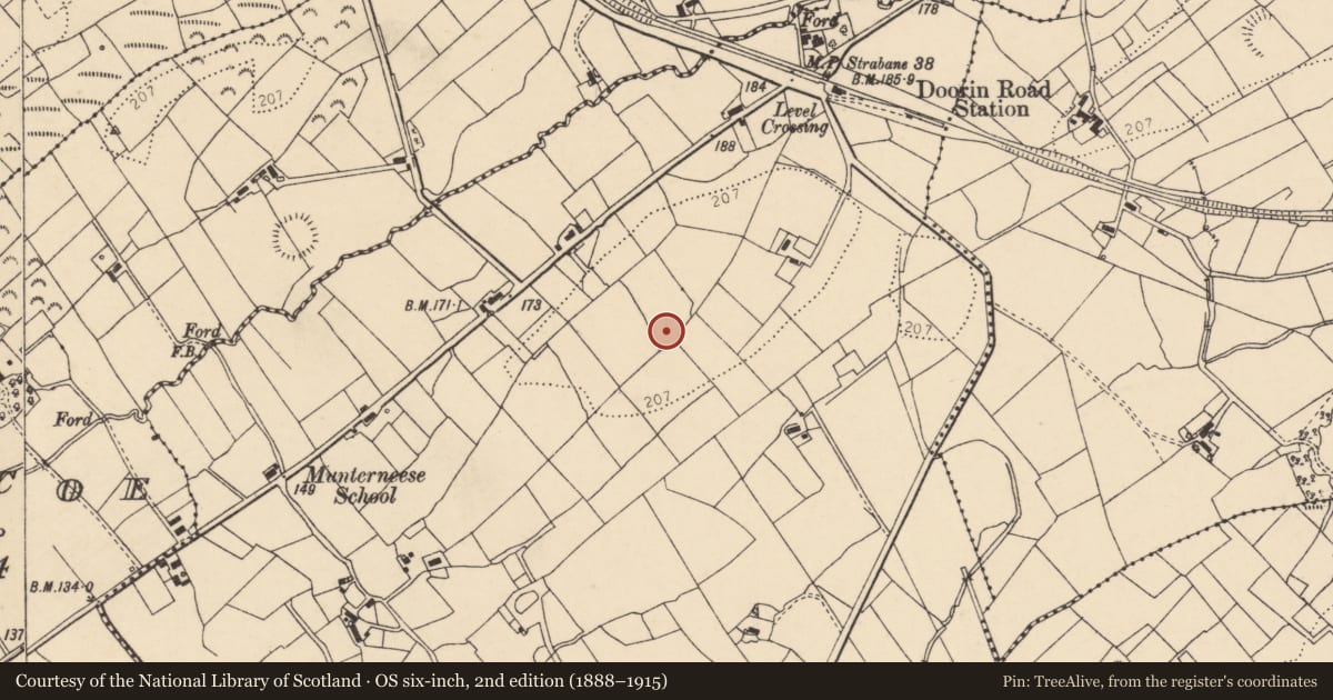 Ordnance Survey six-inch map, 2nd edition (1888–1915) covering the location of Ringfort - rath, Munterneese, County Donegal, with a pin at the register's coordinates