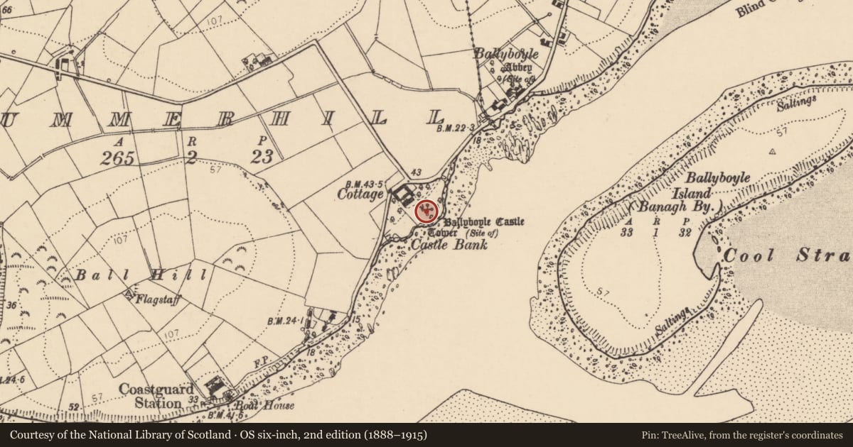 Ordnance Survey six-inch map, 2nd edition (1888–1915) covering the location of Castle - tower house, Summerhill, County Donegal, with a pin at the register's coordinates