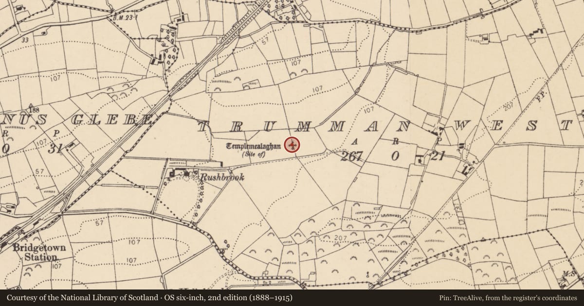 Ordnance Survey six-inch map, 2nd edition (1888–1915) covering the location of Church, Trumman West, County Donegal, with a pin at the register's coordinates