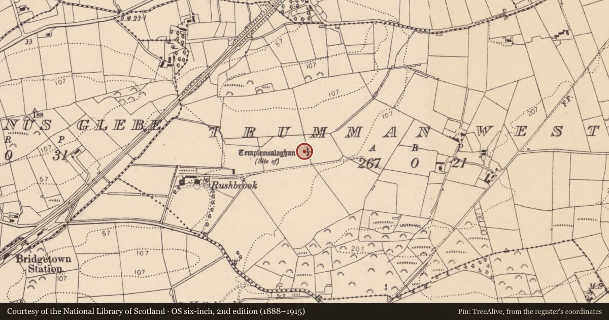 Ordnance Survey six-inch map, 2nd edition (1888–1915) covering the location of Graveyard, Trumman West, County Donegal, with a pin at the register's coordinates