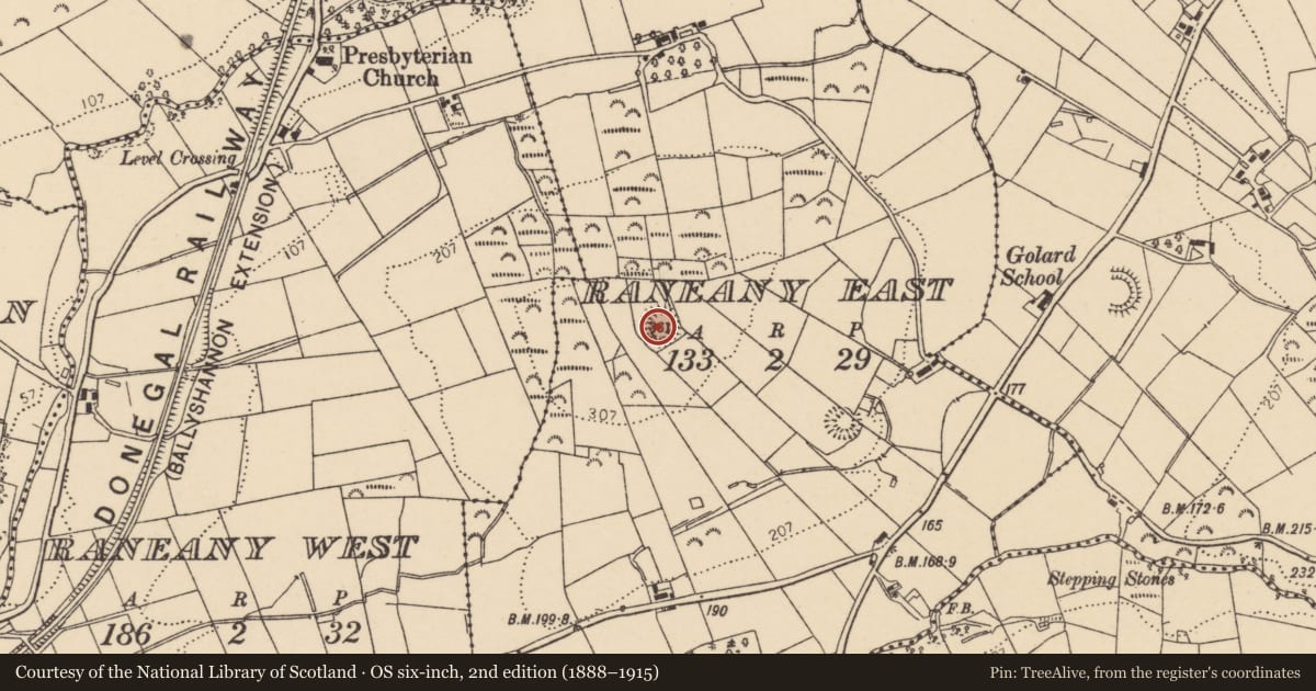 Ordnance Survey six-inch map, 2nd edition (1888–1915) covering the location of Ringfort - rath, Raneany East, County Donegal, with a pin at the register's coordinates
