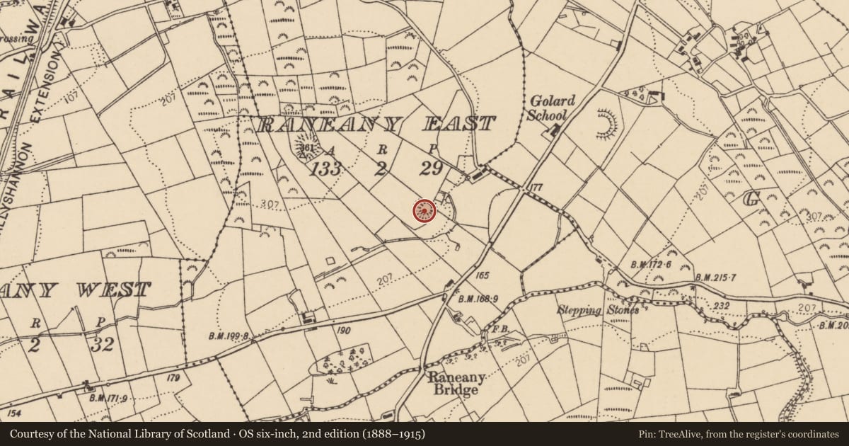 Ordnance Survey six-inch map, 2nd edition (1888–1915) covering the location of Ringfort - rath, Raneany East, County Donegal, with a pin at the register's coordinates