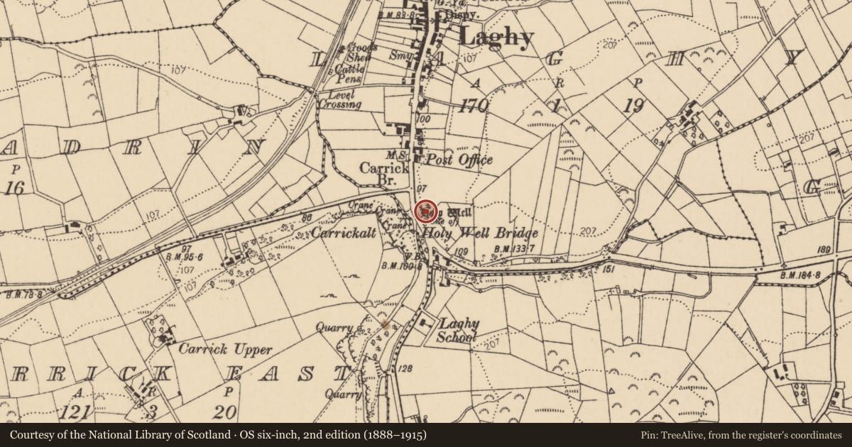 Ordnance Survey six-inch map, 2nd edition (1888–1915) covering the location of Ritual site - holy well, Laghy, County Donegal, with a pin at the register's coordinates