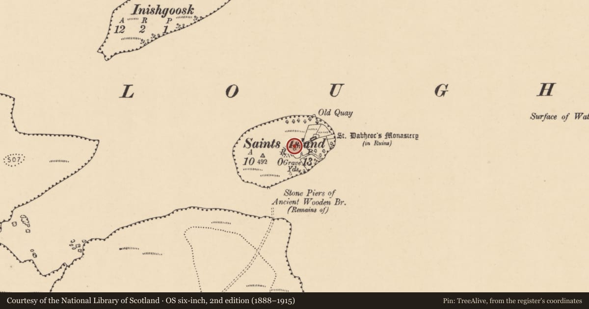 Ordnance Survey six-inch map, 2nd edition (1888–1915) covering the location of Building, Saints Island, County Donegal, with a pin at the register's coordinates
