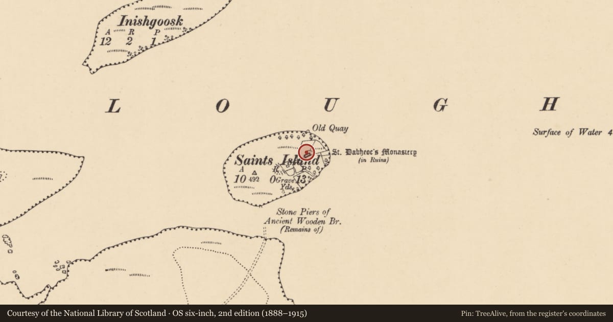 Ordnance Survey six-inch map, 2nd edition (1888–1915) covering the location of Church, Saints Island, County Donegal, with a pin at the register's coordinates