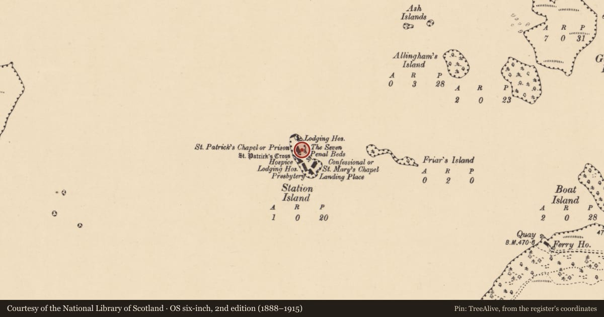Ordnance Survey six-inch map, 2nd edition (1888–1915) covering the location of Structure, Station Island, County Donegal, with a pin at the register's coordinates