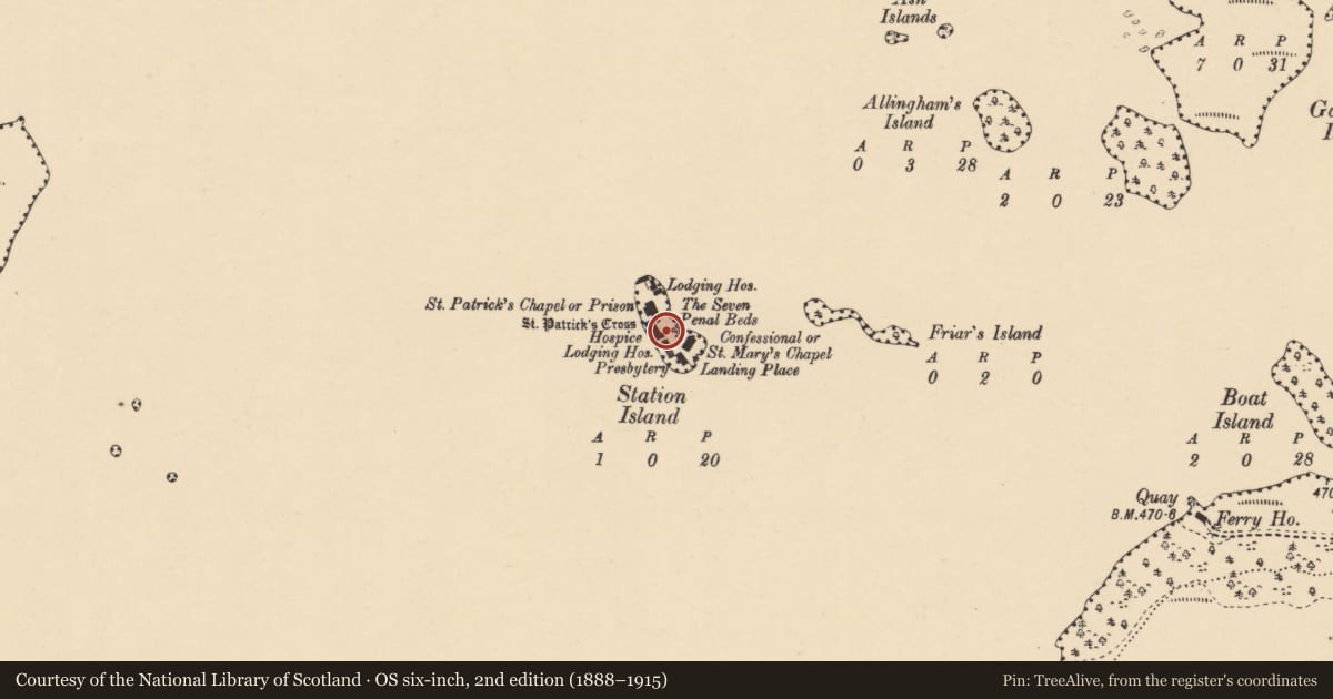 Ordnance Survey six-inch map, 2nd edition (1888–1915) covering the location of Font, Station Island, County Donegal, with a pin at the register's coordinates