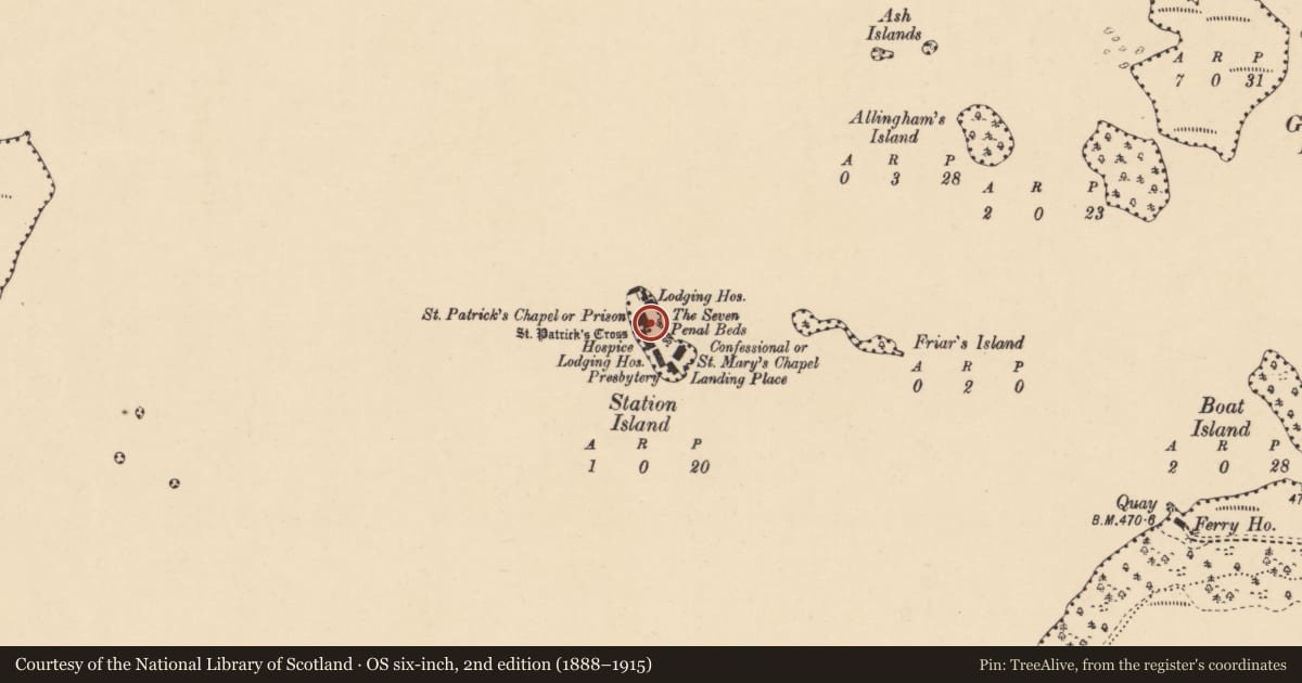 Ordnance Survey six-inch map, 2nd edition (1888–1915) covering the location of Cross, Station Island, County Donegal, with a pin at the register's coordinates