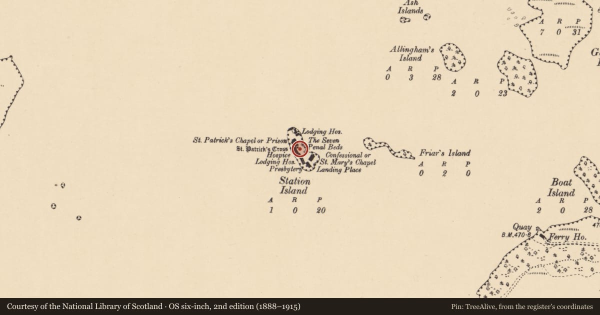 Ordnance Survey six-inch map, 2nd edition (1888–1915) covering the location of Cross, Station Island, County Donegal, with a pin at the register's coordinates