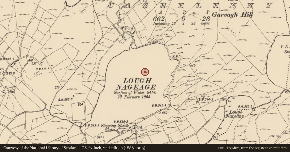 Ordnance Survey six-inch map, 2nd edition (1888–1915) covering the location of Crannog, Cashelenny, County Donegal, with a pin at the register's coordinates