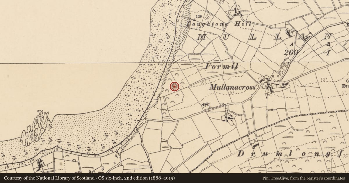 Ordnance Survey six-inch map, 2nd edition (1888–1915) covering the location of Barrow - ring-barrow, Mullanacross, County Donegal, with a pin at the register's coordinates