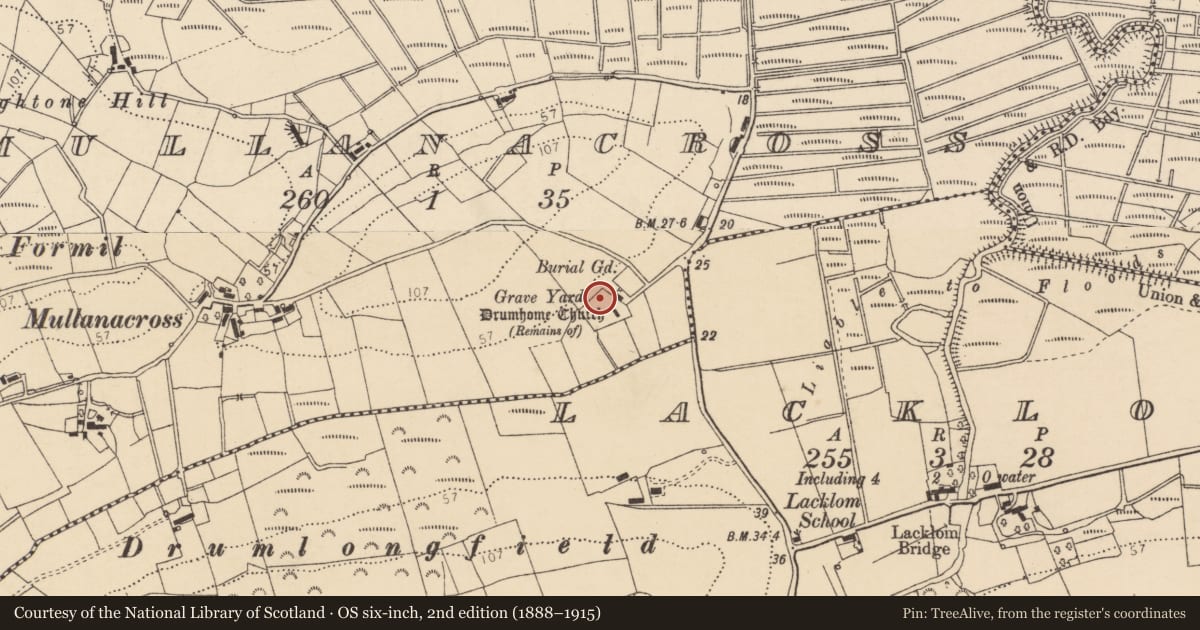Ordnance Survey six-inch map, 2nd edition (1888–1915) covering the location of Architectural fragment, Mullanacross, County Donegal, with a pin at the register's coordinates