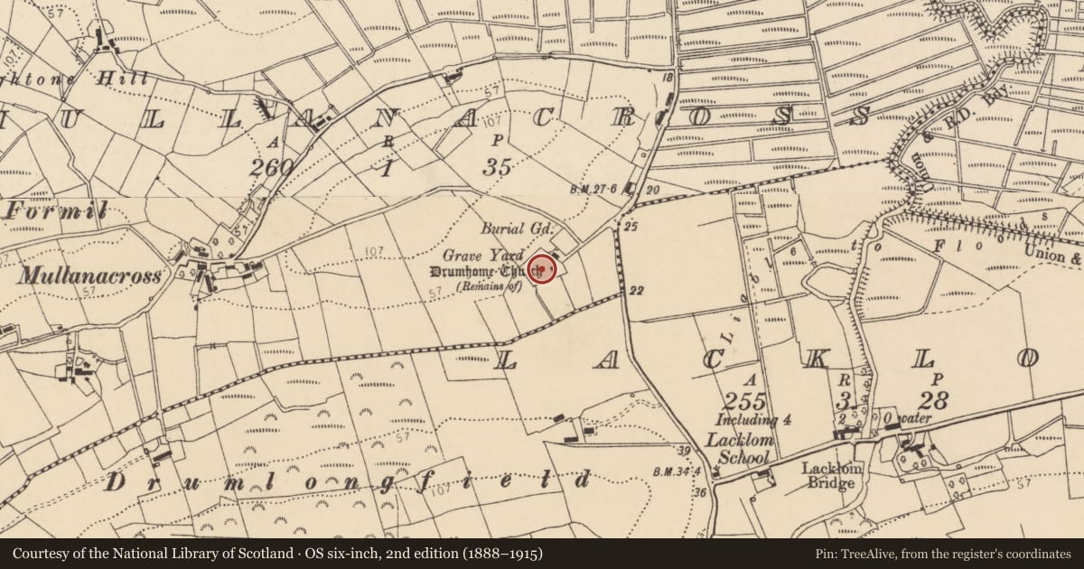 Ordnance Survey six-inch map, 2nd edition (1888–1915) covering the location of Graveyard, Mullanacross, County Donegal, with a pin at the register's coordinates