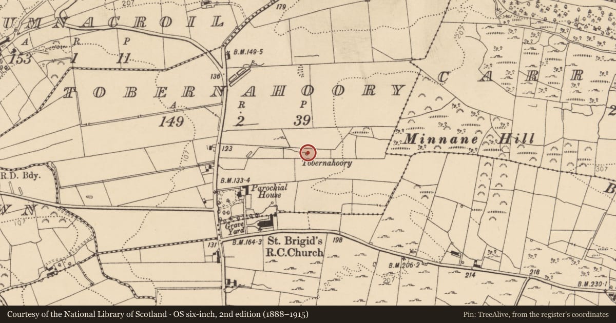 Ordnance Survey six-inch map, 2nd edition (1888–1915) covering the location of Ritual site - holy well, Tobernahoory, County Donegal, with a pin at the register's coordinates