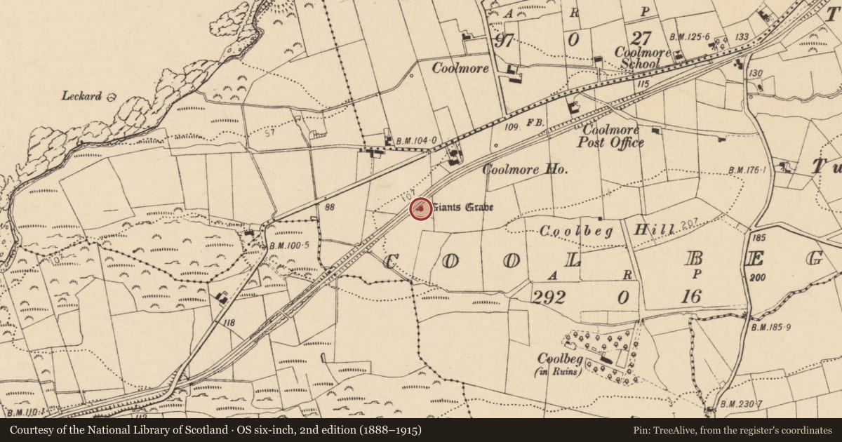 Ordnance Survey six-inch map, 2nd edition (1888–1915) covering the location of Megalithic tomb - court tomb, Cool Beg, County Donegal, with a pin at the register's coordinates