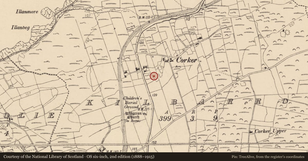 Ordnance Survey six-inch map, 2nd edition (1888–1915) covering the location of Ritual site - holy well, Kilbarron, County Donegal, with a pin at the register's coordinates