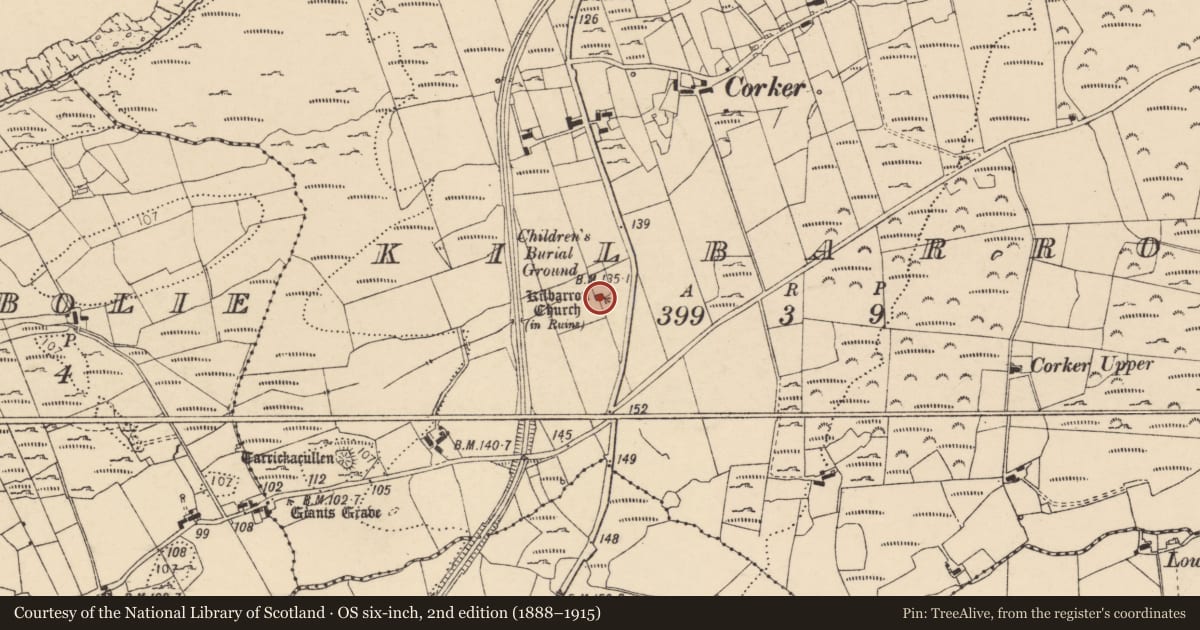 Ordnance Survey six-inch map, 2nd edition (1888–1915) covering the location of Church, Kilbarron, County Donegal, with a pin at the register's coordinates
