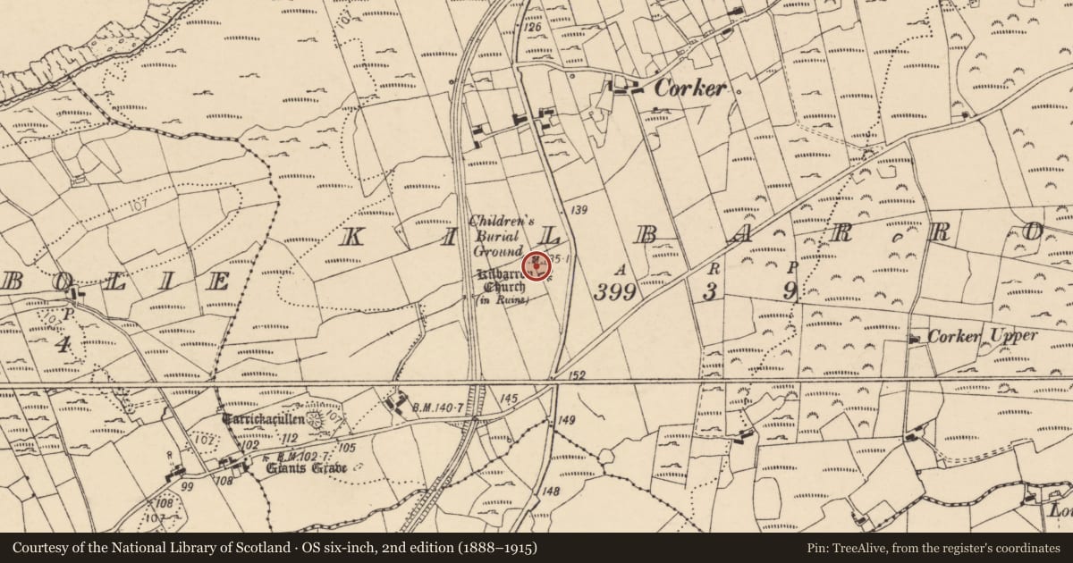 Ordnance Survey six-inch map, 2nd edition (1888–1915) covering the location of Graveyard, Kilbarron, County Donegal, with a pin at the register's coordinates