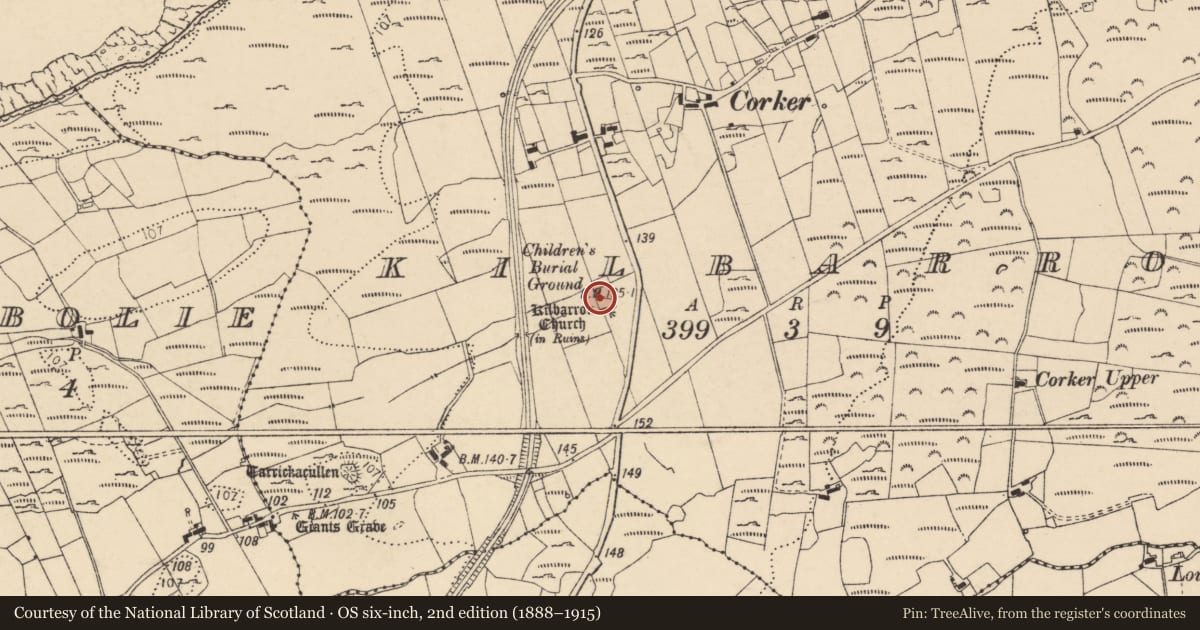Ordnance Survey six-inch map, 2nd edition (1888–1915) covering the location of Children's burial ground, Kilbarron, County Donegal, with a pin at the register's coordinates