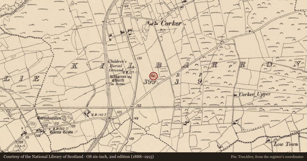 Ordnance Survey six-inch map, 2nd edition (1888–1915) covering the location of Enclosure, Kilbarron, County Donegal, with a pin at the register's coordinates