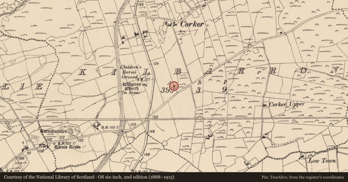 Ordnance Survey six-inch map, 2nd edition (1888–1915) covering the location of Souterrain, Kilbarron, County Donegal, with a pin at the register's coordinates