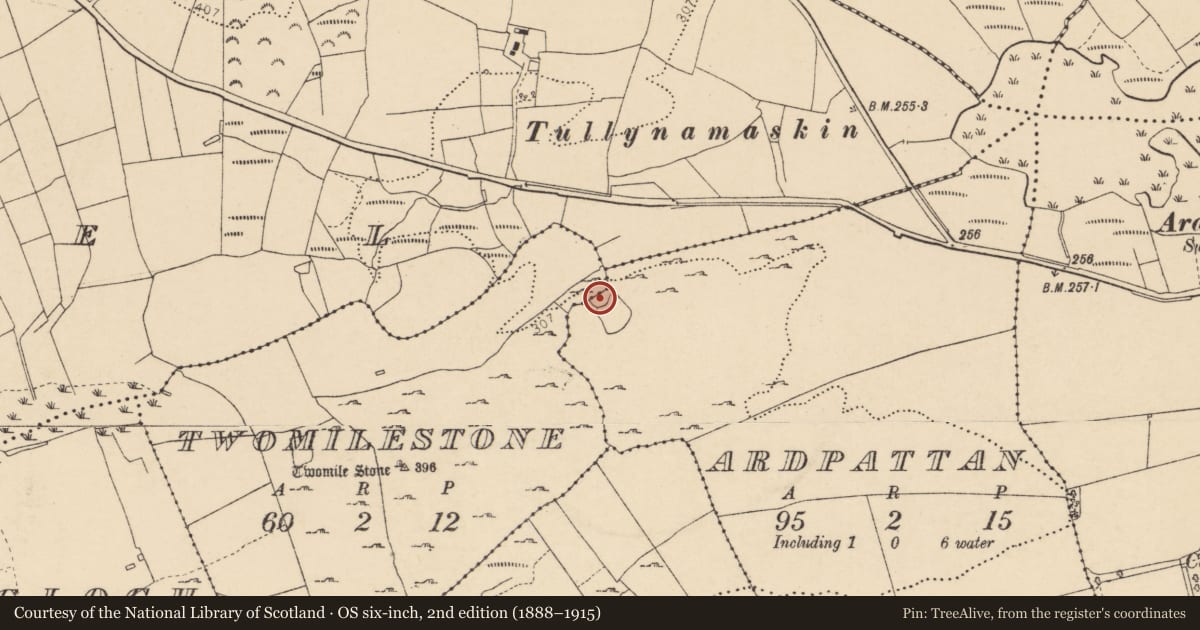 Ordnance Survey six-inch map, 2nd edition (1888–1915) covering the location of Cliff-edge fort, Ardpattan, County Donegal, with a pin at the register's coordinates