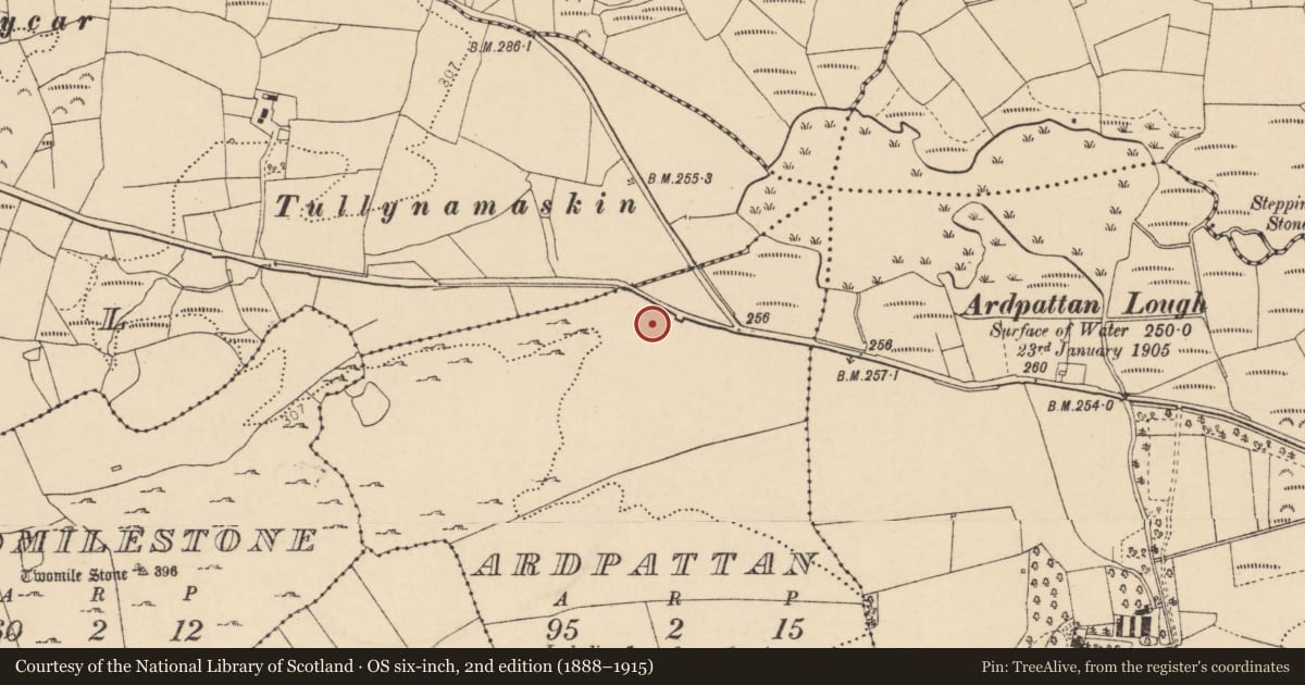Ordnance Survey six-inch map, 2nd edition (1888–1915) covering the location of Field boundary, Ardpattan, County Donegal, with a pin at the register's coordinates
