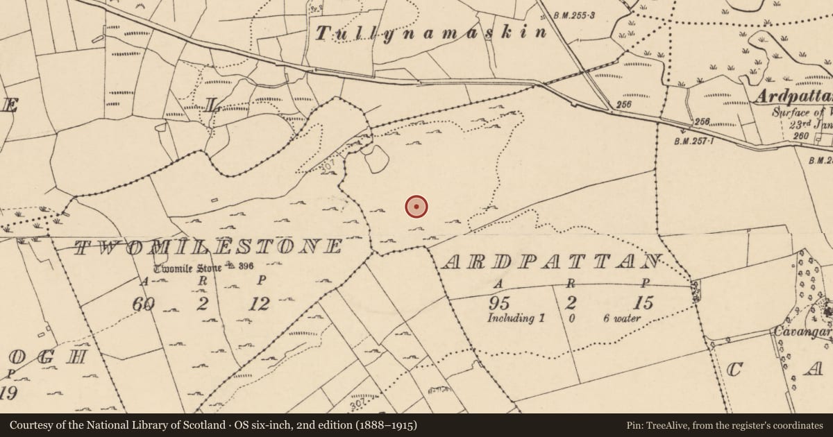 Ordnance Survey six-inch map, 2nd edition (1888–1915) covering the location of Hut site, Ardpattan, County Donegal, with a pin at the register's coordinates