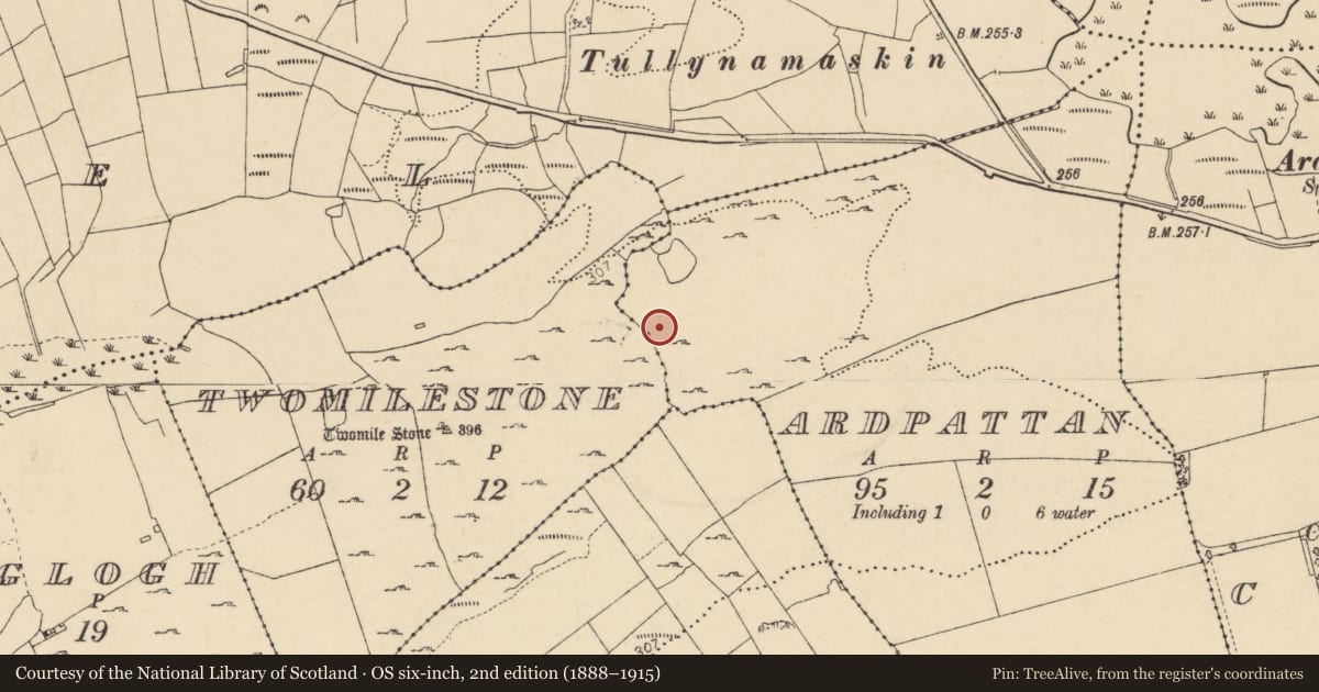 Ordnance Survey six-inch map, 2nd edition (1888–1915) covering the location of Hut site, Ardpattan, County Donegal, with a pin at the register's coordinates
