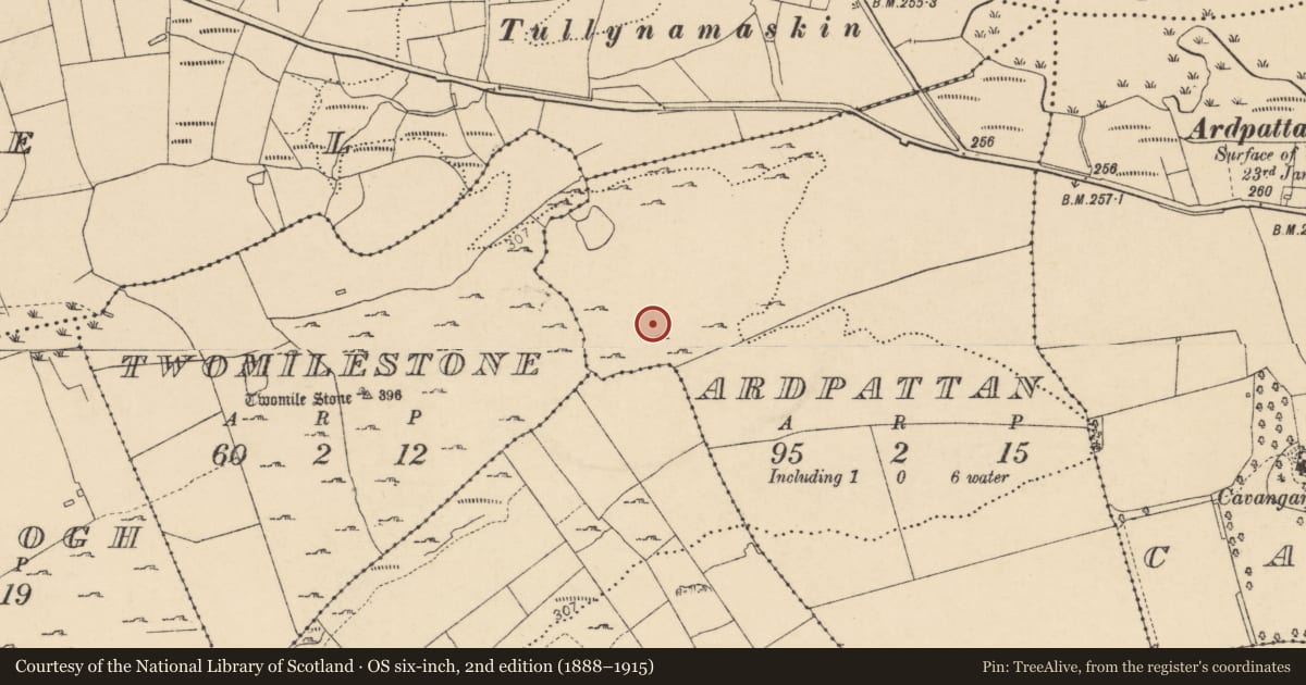 Ordnance Survey six-inch map, 2nd edition (1888–1915) covering the location of Hut site, Ardpattan, County Donegal, with a pin at the register's coordinates