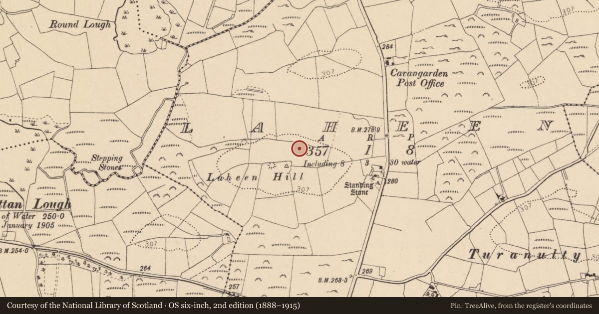 Ordnance Survey six-inch map, 2nd edition (1888–1915) covering the location of Ringfort - rath, Laheen, County Donegal, with a pin at the register's coordinates