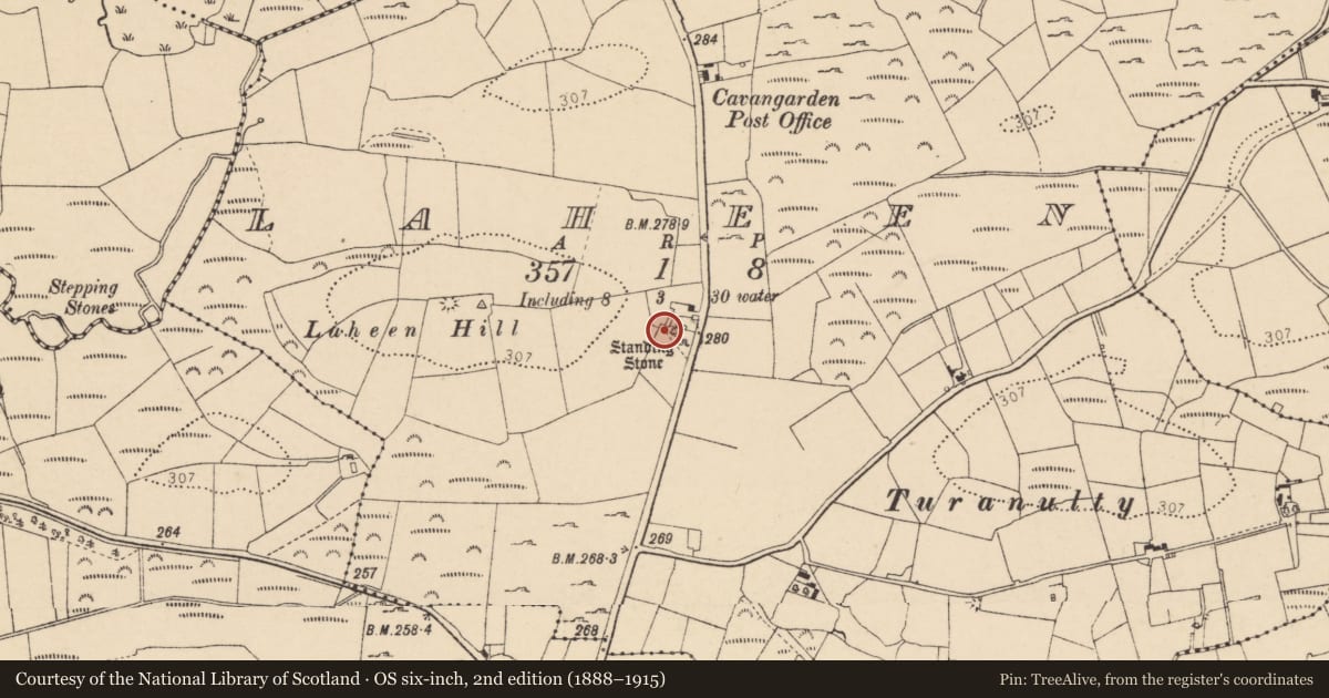 Ordnance Survey six-inch map, 2nd edition (1888–1915) covering the location of Pit-burial, Laheen, County Donegal, with a pin at the register's coordinates